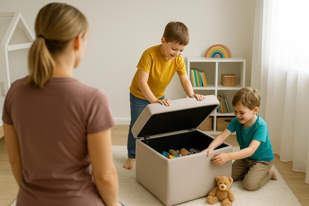 Dwóch chłopców otwiera beżową pufę z zabawkami w jasnym pokoju dziecięcym, a mama obserwuje ich z tyłu w tle.