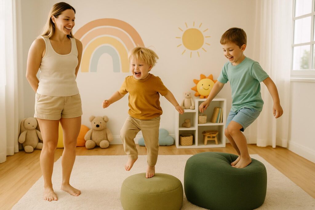 Mama w szortach obserwuje dwóch chłopców skaczących po zielonych pufach w jasnym pokoju dziecięcym z kolorową dekoracją na ścianie.