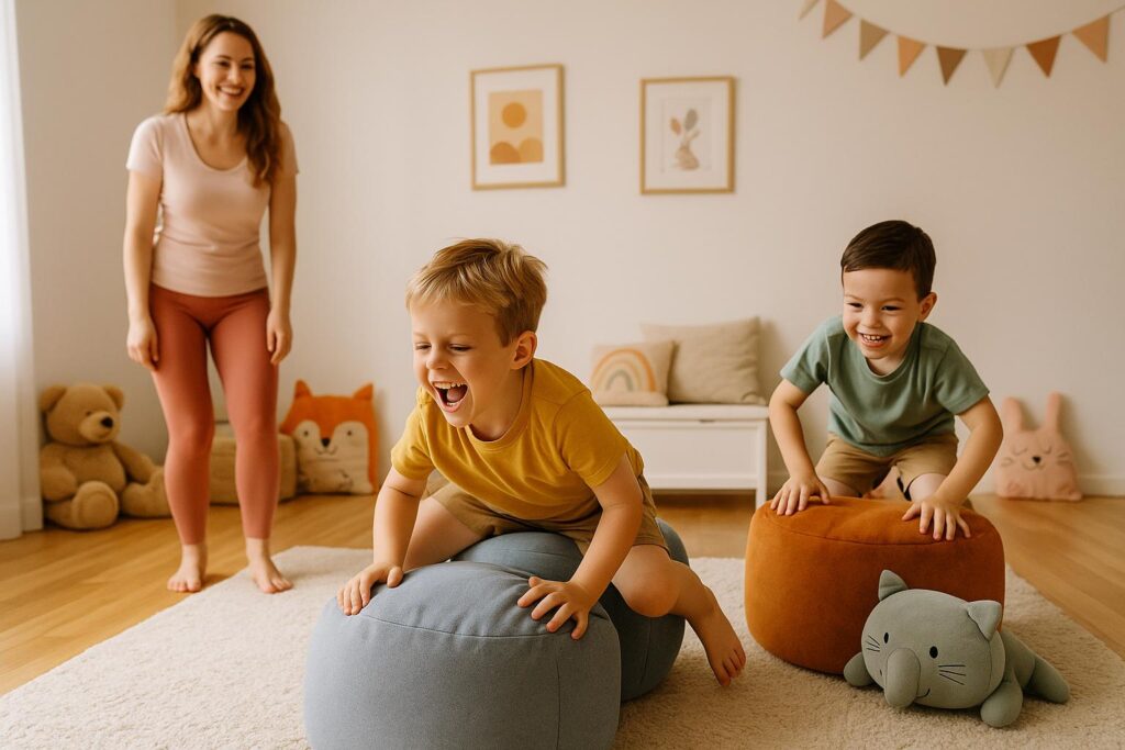 Mama obserwuje dwóch chłopców ścigających się na pufach w jasnym pokoju dziecięcym; dzieci uśmiechnięte, pokój udekorowany zabawkami i grafikami na ścianie
