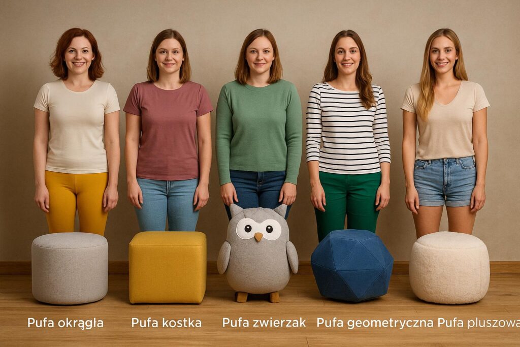 Pięć różnych puf ustawionych w rzędzie na drewnianej podłodze, na tle beżowo-szarej ściany; podpisy pod każdą z nich: Pufa okrągła, Pufa kostka, Pufa zwierzak, Pufa geometryczna, Pufa pluszowa.