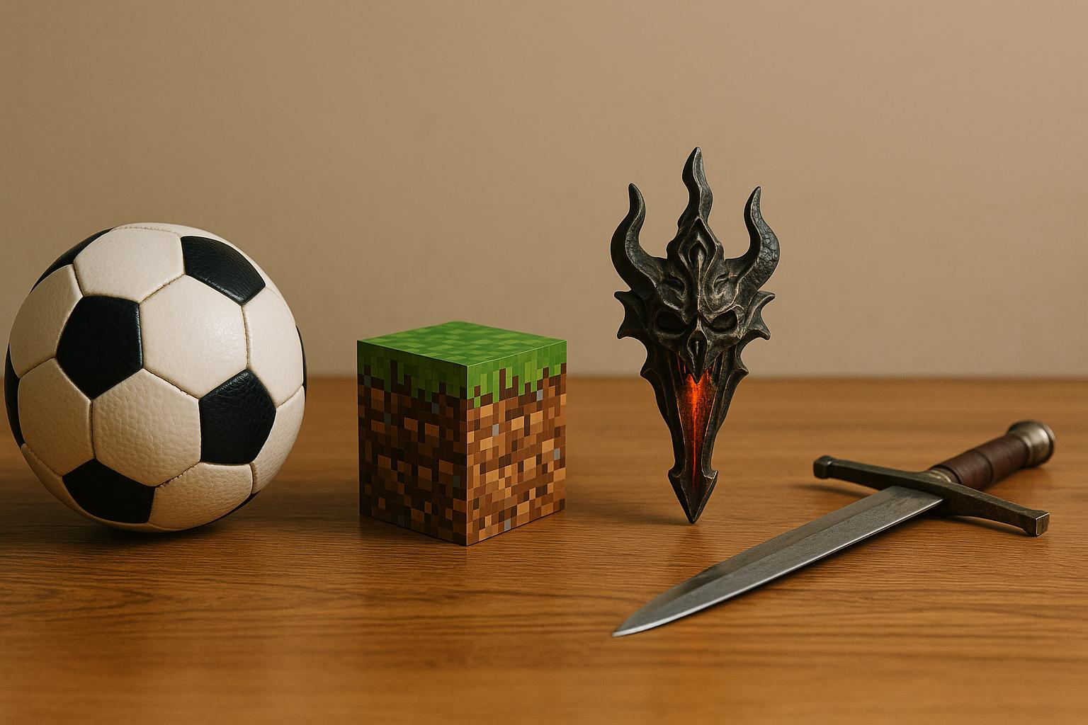 Cztery przedmioty symbolicznie nawiązujące do znanych gier komputerowych ustawione w linii na drewnianej powierzchni. Od lewej: klasyczna piłka nożna (inspiracja FIFA), pikselowy blok z trawą (nawiązanie do Minecrafta), fantazyjny demoniczny artefakt (motyw z gier typu Diablo), oraz srebrny miecz fantasy (inspirowany światem Wiedźmina). Tło w ciepłych beżach, miękkie światło, kompozycja w stylu realistycznym.