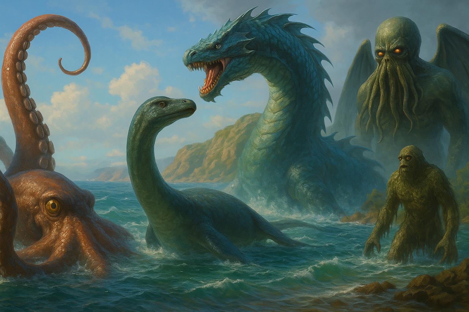 Realistyczna, jasna ilustracja przedstawiająca pięć legendarnych potworów wodnych: ogromnego Krakena z potężnymi mackami, dużego potwora z Loch Ness wynurzającego się z fal, opancerzonego Lewiatana, przerażającego Cthulhu z mackami na twarzy oraz Potwora z Bagien stojącego przy linii brzegowej – wszystko na tle wzburzonego oceanu, skalistych klifów i przejaśniającego się nieba.