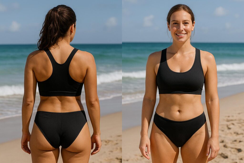Dwie kobiety w sportowych bikini na plaży – jedna widziana od przodu, druga od tyłu. Obie ubrane w czarne, zabudowane kostiumy przypominające sportowe staniki i majtki. W tle jasny piasek i turkusowe fale oceanu, a całość oświetlona naturalnym światłem słonecznym.