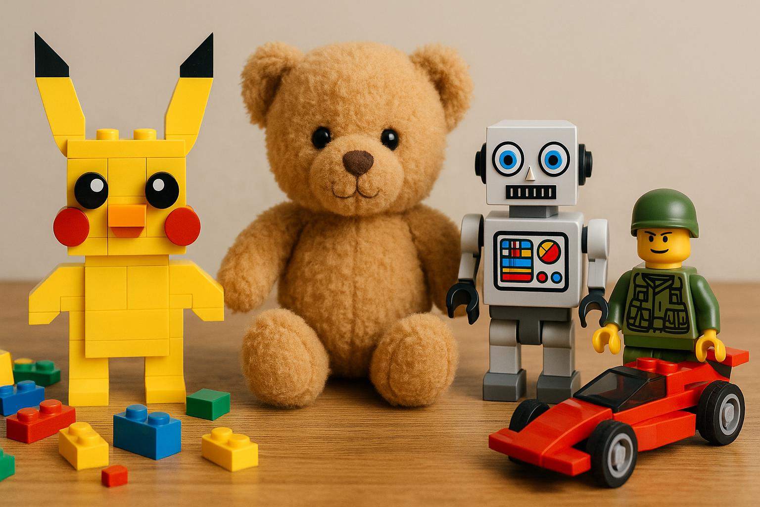 Poziome, realistyczne zdjęcie dziecięcych zabawek ułożonych na drewnianym blacie. Po lewej stronie widać żółtą figurkę z klocków LEGO przypominającą zabawnego, wymyślonego Pokémona. Obok stoi brązowy pluszowy miś, klasyczny robot-zabawka, żołnierzyk oraz czerwone auto wyścigowe. Zabawki wyglądają na wesoło ustawione jak do quizu lub zgadywanki.