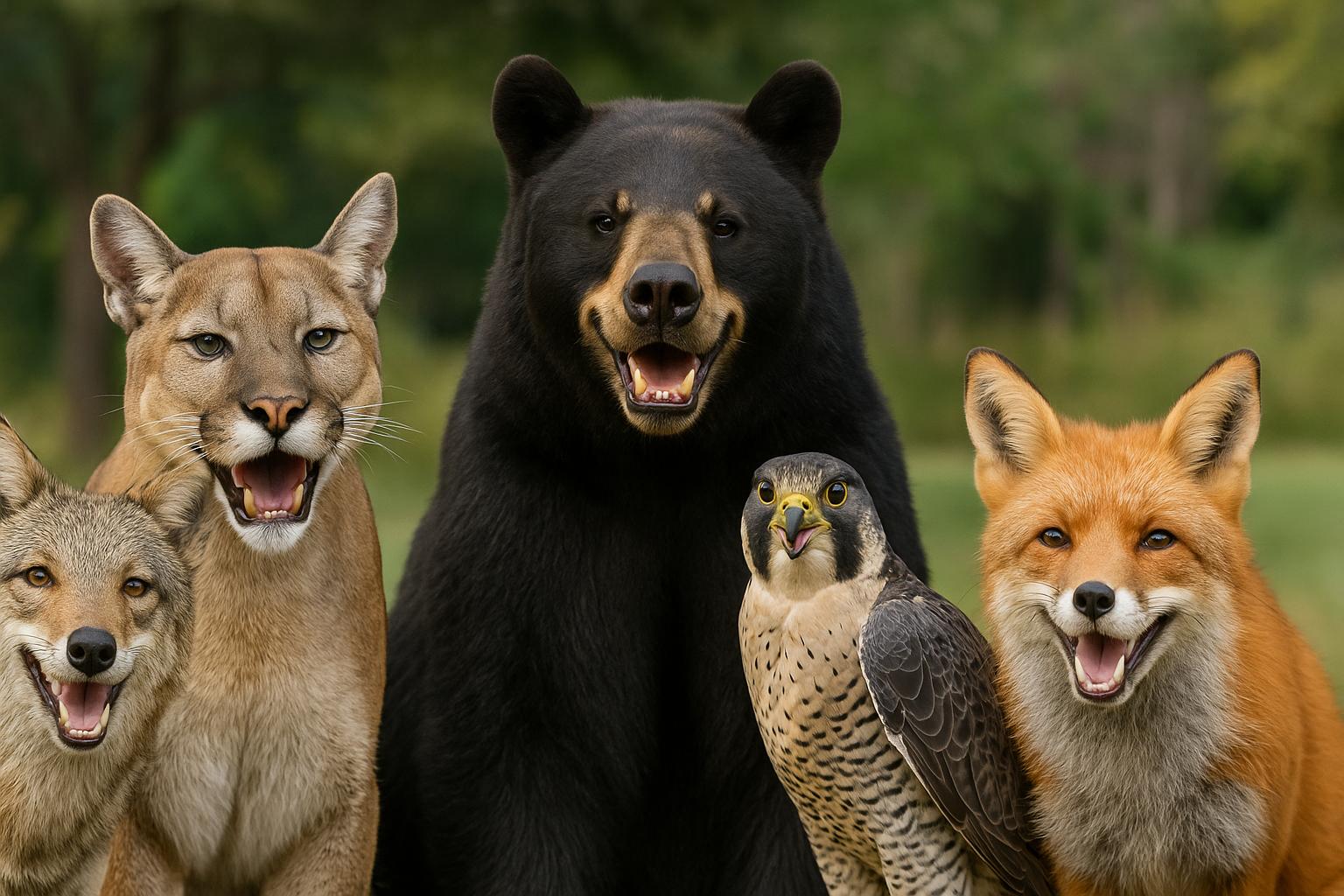 Uśmiechnięte zwierzęta totemiczne pozują razem w naturalnym otoczeniu – od lewej: mały kojot, puma, duży czarny niedźwiedź, sokoł wędrowny i rudy lis. Wszystkie wyglądają jakby się śmiały, a różnice w ich wielkości zostały zachowane, co nadaje zdjęciu humorystyczny i przyjazny charakter.