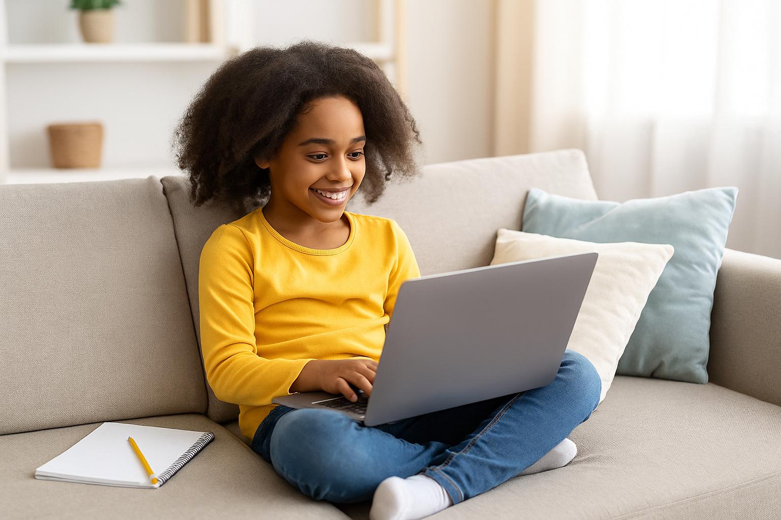 Dziewczynka o ciemnej karnacji i kręconych włosach siedzi na sofie z laptopem na kolanach, uśmiechając się podczas lekcji online. Obok leży zeszyt i ołówek. W tle jasne, przytulne wnętrze z poduszkami.