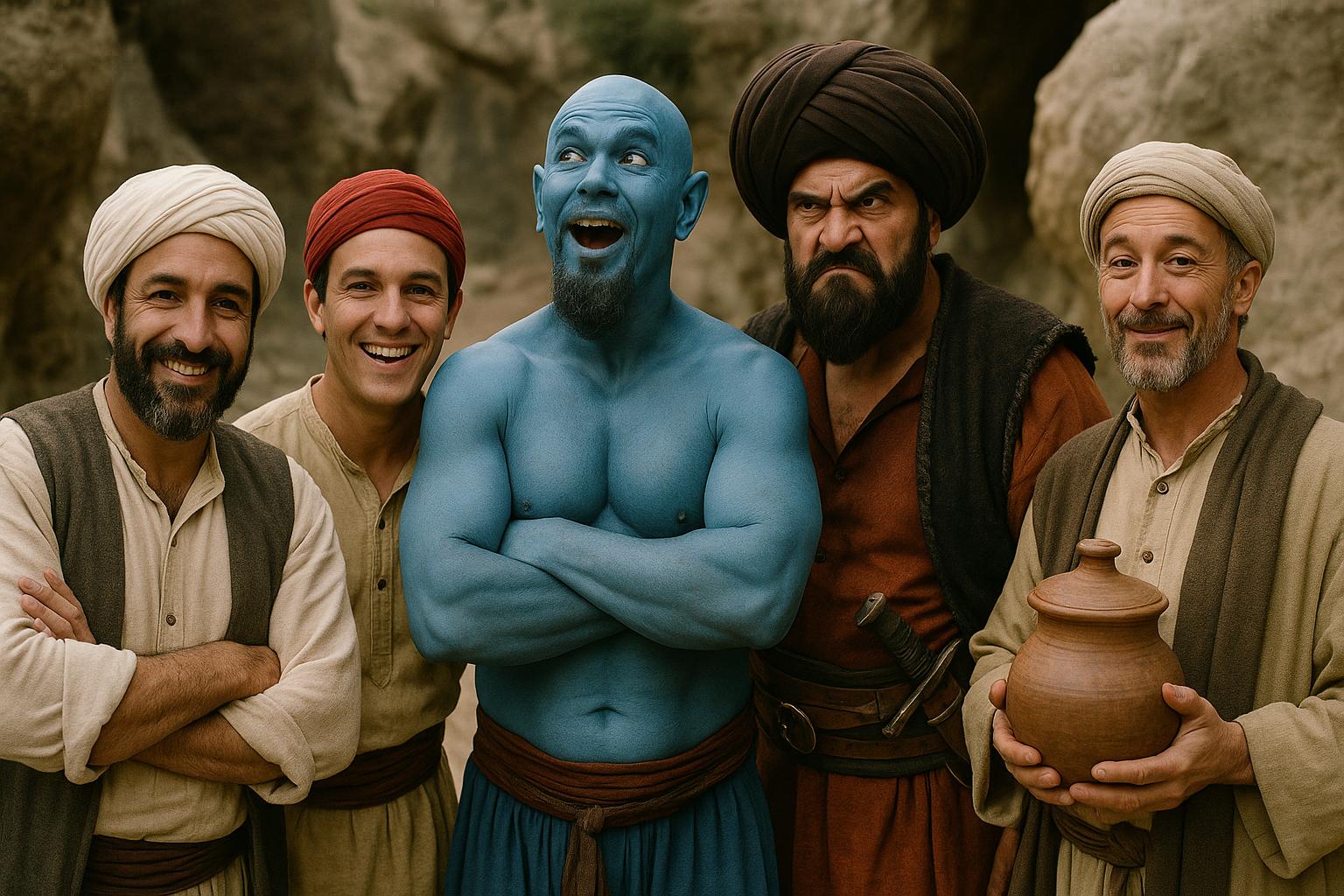 Kolorowe zdjęcie grupowe z pustynnego planu filmowego przedstawia pięciu mężczyzn w strojach z Bliskiego Wschodu. Po lewej uśmiechnięty mężczyzna w turbanie to Ali Baba, obok niego młodszy Kasim z czerwonym nakryciem głowy. W centrum stoi muskularny, niebieski dżinn z szerokim uśmiechem. Obok groźnie patrzy brodaty przywódca rozbójników w czarnym turbanie, a z prawej handlarz trzymający gliniany dzban. W tle widać skały i piasek, co nadaje scenie bajkowy klimat.