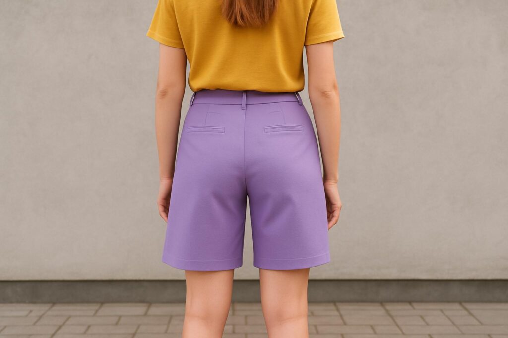 Młoda kobieta widziana z tyłu, ubrana w eleganckie bermudy sięgające do kolan w odcieniach fioletu i żółci; stylizacja casualowa z luźną górą, realistyczne, jasne otoczenie.