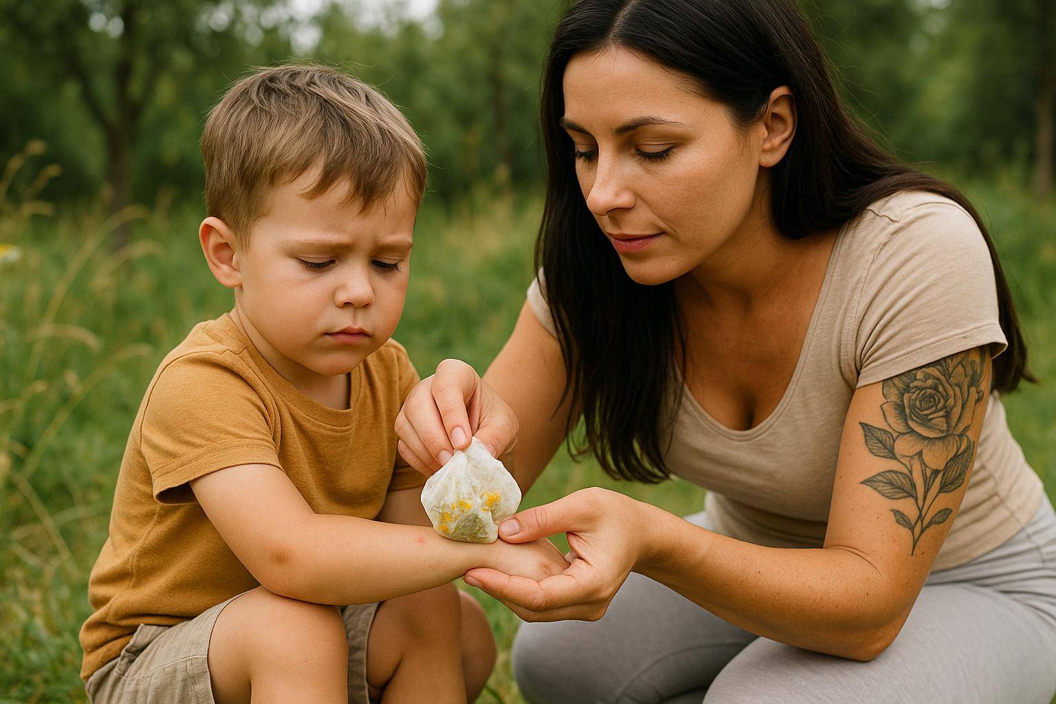 Mama brunetka w jasnych obcisłych legginsach z tatuażem na przedramieniu przykłada chłodny kompres z naparu rumianku do ukąszenia komara na ramieniu swojego małego syna, oboje siedzą na trawie na tle zieleni.