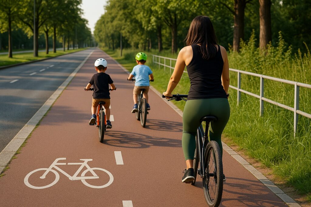 Młoda mama brunetka w zielonych legginsach jedzie trasą rowerową za dwójką dzieci w kaskach, otoczona zieloną aleją drzew w słoneczny letni dzień