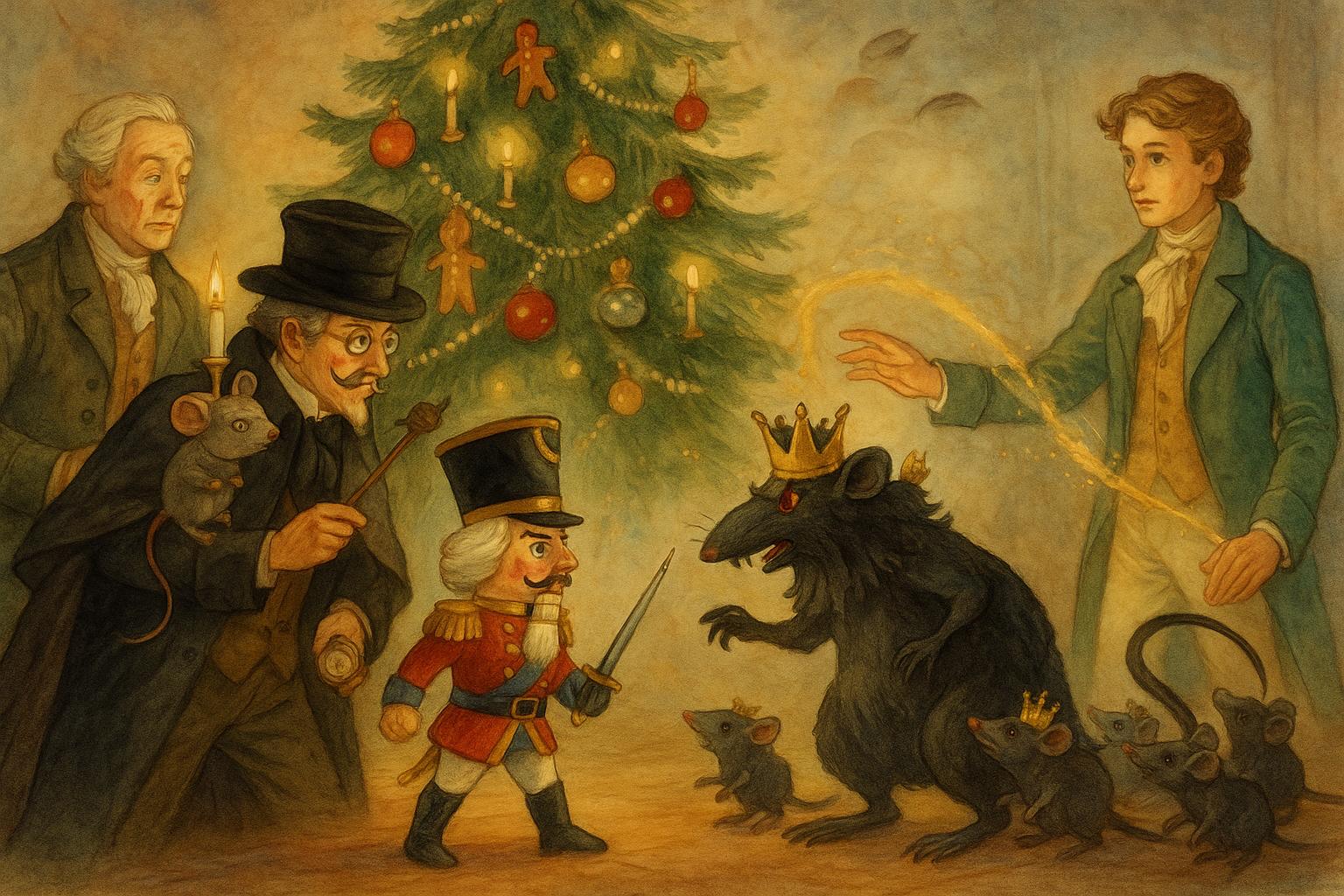 Akwarelowa ilustracja przedstawia magiczną scenę z „Dziadka do Orzechów”. W świątecznym salonie, u stóp wielkiej, ozdobionej choinki, Dziadek do Orzechów w czerwono-złotym mundurze staje do walki z Królem Myszy, który ma kilka głów, każda w koronie. Po lewej stronie ojciec Marii – Radca Medyczny – unosi świecę z wyrazem zaniepokojenia, a obok niego stoi Ojciec Chrzestny Drosselmeier z monoklem i peleryną. W tle pojawia się młody Drosselmeier, który rozpościera rękę, emitując magiczne światło.