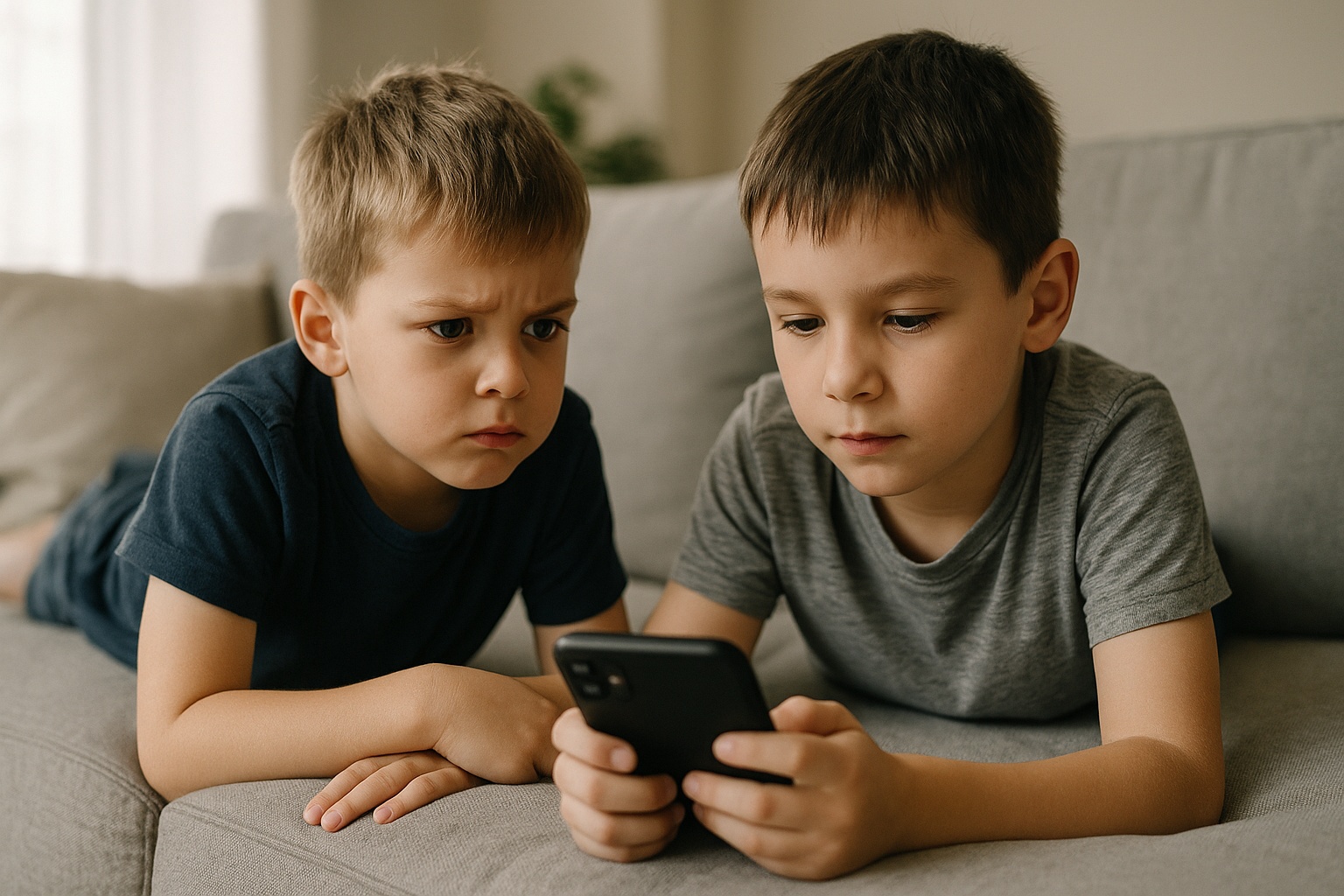 Dwóch kilkuletnich chłopców leży na szarej sofie; jeden z nich trzyma smartfon, a drugi z wyraźnym zaciekawieniem i lekkim niepokojem patrzy na ekran. Naturalne światło z dużego okna oświetla pokój. Kontekst: FOMO (strach przed pominięciem) u dzieci.