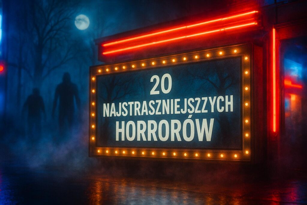 Nocna scena z zewnętrznym kinem pod gołym niebem, na którym neonowy szyld z napisem „20 NAJSTRASZNIEJSZYCH HORRORÓW” oświetlony jest ciepłym światłem żarówek. Tło wypełnia gęsta mgła, ciemne, poskręcane drzewa oraz dwie niejasne sylwetki w oddali, a całość dopełnia ponury, księżycowy blask i czerwono-niebieskie refleksy neonów.```