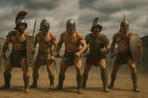 Pięciu gladiatorów na arenie Koloseum — Murmillo, Retiarius, Secutor, Thraex i Hoplomachus — gotowych do walki, dynamiczna scena ilustrująca quiz 'Jakim gladiatorem jesteś?