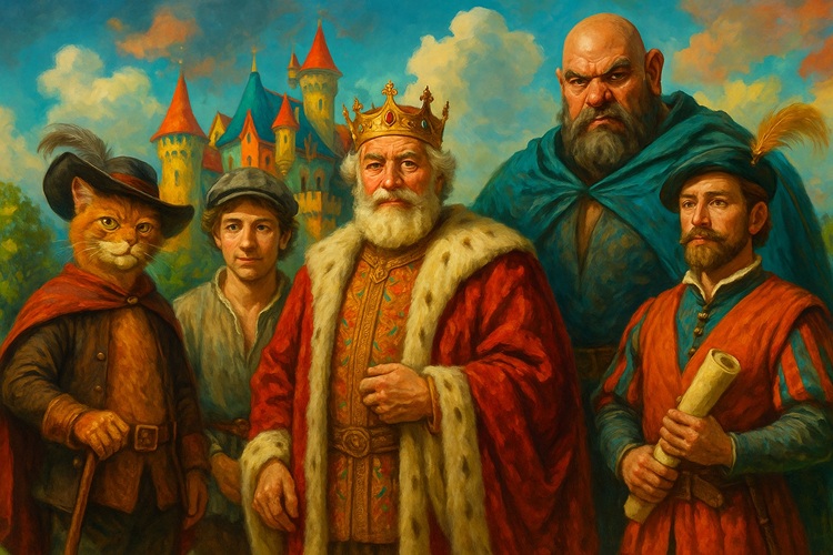 Fantazyjne realistyczne przedstawienie postaci inspirowanych bajką Kot w butach: uśmiechnięty kot w kapeluszu i pelerynie, młynarczyk w skromnym ubraniu, dostojny król w czerwonej szacie i koronie, groźny olbrzym-czarodziej w pelerynie, królewski posłaniec z pergaminem; kolorowe, baśniowe tło z bajkowym zamkiem.