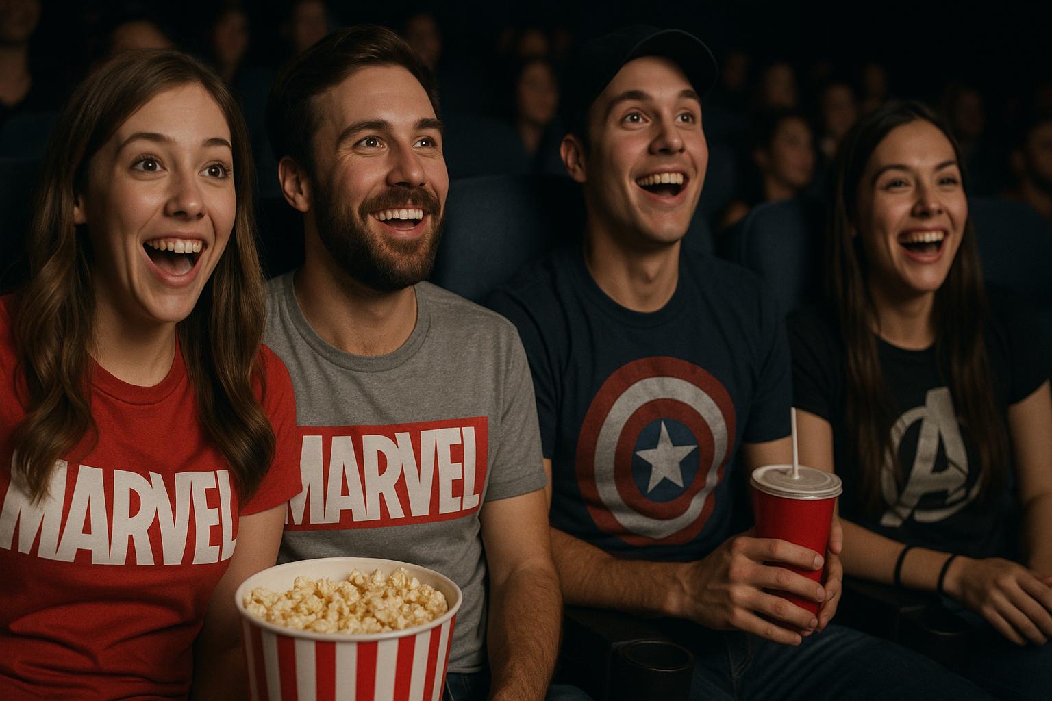 Czworo młodych fanów Marvela siedzi w kinie, uśmiechając się szeroko i z podekscytowaniem wpatrując się w ekran. Mają na sobie koszulki z logo Marvela, Kapitana Ameryki i Avengersów. Jedna z osób trzyma kubełek popcornu, a inna napój w czerwonym kubku. W tle widać ciemne fotele kinowe i sylwetki innych widzów.
