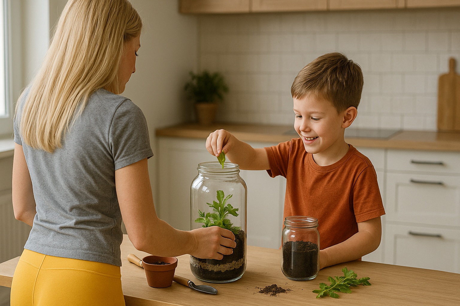 Mama blondynka w żółtych obcisłych legginsach (widok od tyłu) i jej uśmiechnięty synek przy drewnianym stole w kuchni, wspólnie tworzą mini-hodowlę roślin w dużym, przezroczystym słoiku, wokół ziemia, małe narzędzia i doniczki