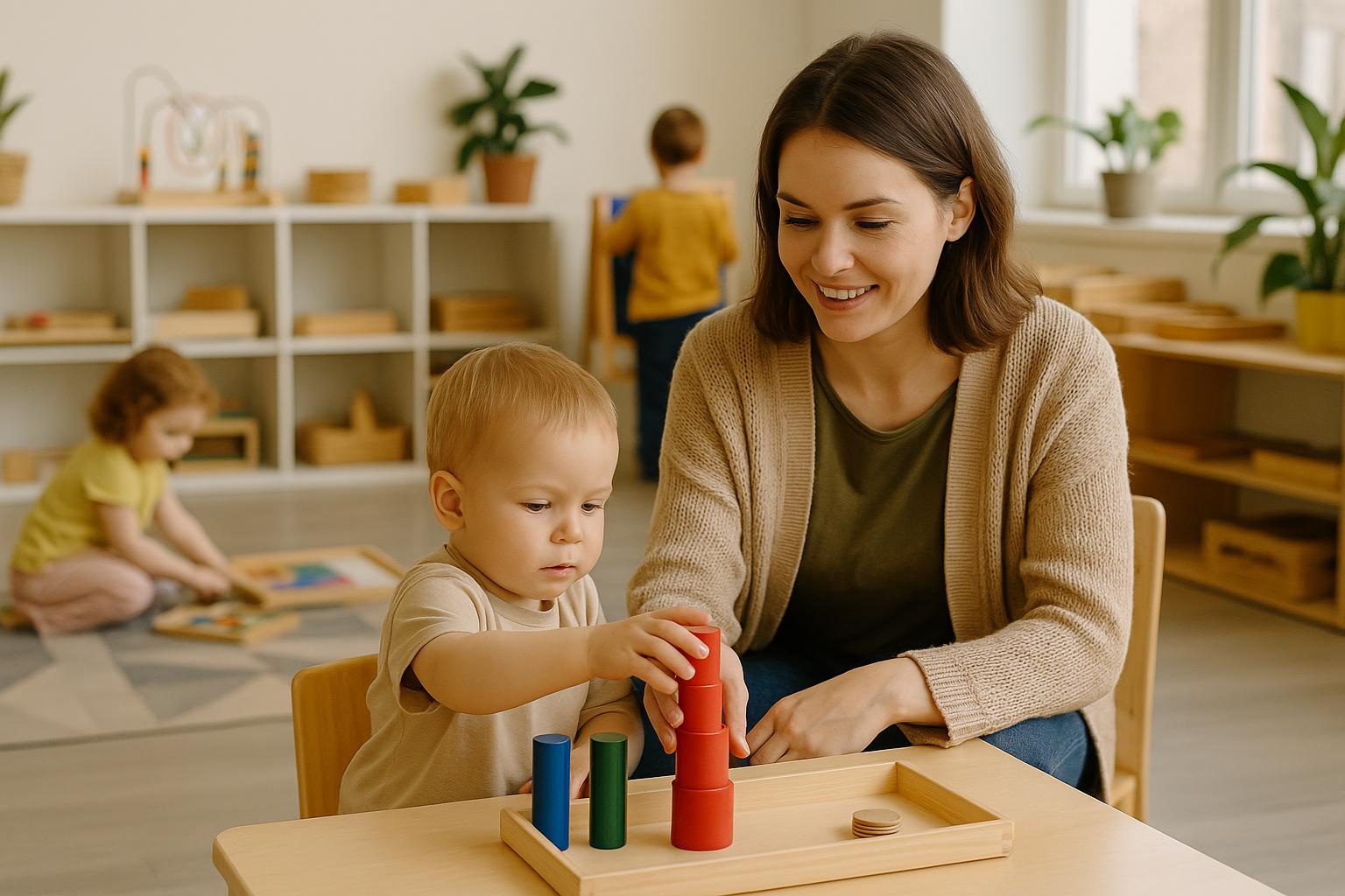 Poziome realistyczne zdjęcie wnętrza żłobka montessoriańskiego. Uśmiechnięta opiekunka siedzi przy niskim stoliku i pomaga małemu chłopcu układać czerwone cylindry. W tle inne dzieci bawią się samodzielnie, wnętrze jasne, pełne naturalnego światła i drewnianych materiałów edukacyjnych.