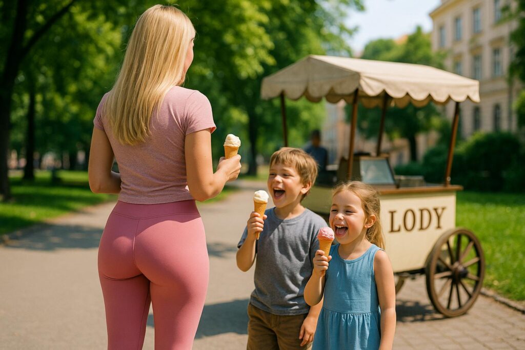 Młoda mama blondynka w różowych legginsach (widok od tyłu) stoi w parku obok wózka z napisem ‘LODY’ i patrzy na dwoje dzieci, które z radością jedzą lody.