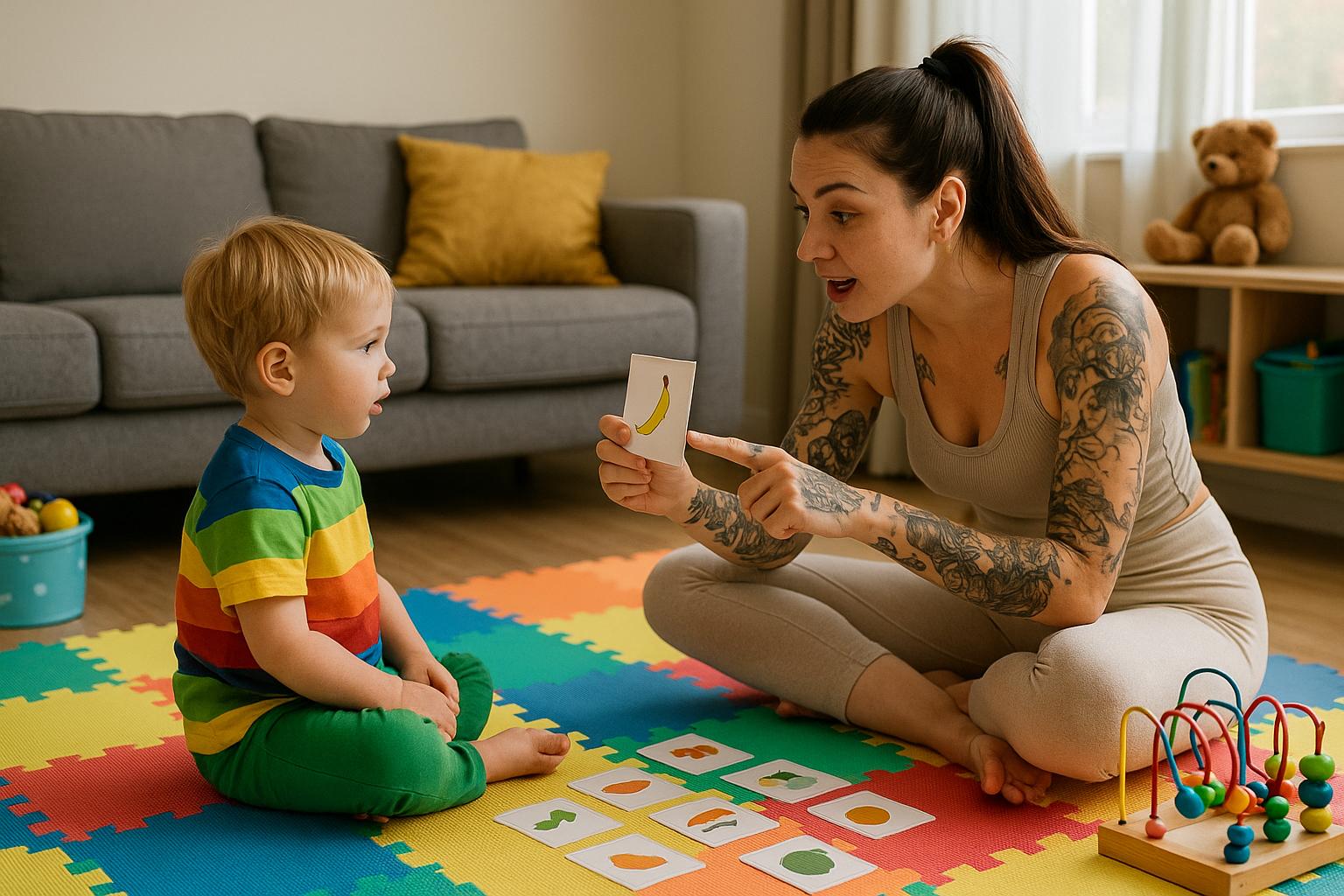 Mama z tatuażami w jasnych legginsach siedzi na kolorowej piankowej macie w pokoju dziecięcym i pokazuje dwuletniemu synkowi w kolorowej koszulce kartę z ilustracją banana podczas ćwiczeń wspierających rozwój mowy.
