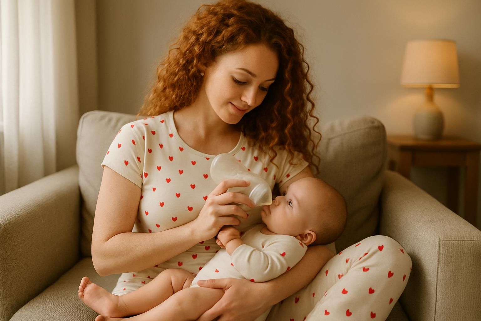 Poziome realistyczne zdjęcie młodej mamy o kręconych rudych włosach, ubraną w jasny top i legginsy w czerwone serduszka, siedzącej na beżowej kanapie i karmiącej niemowlę butelką w przytulnym, słonecznym wnętrzu.