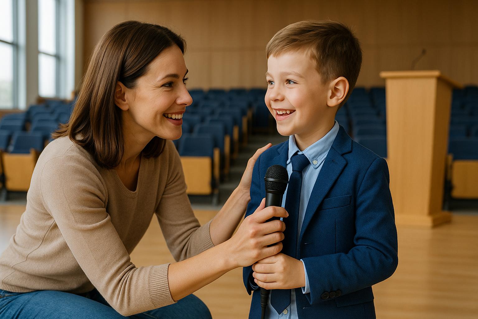 Mama przygotowuje uśmiechniętego 6-letniego chłopca do publicznego wystąpienia. Kobieta kuca naprzeciw dziecka, trzymając mikrofon w jego dłoni. Chłopiec jest ubrany elegancko w niebieski garnitur. W tle widać puste rzędy foteli i mównicę na sali audytoryjnej.