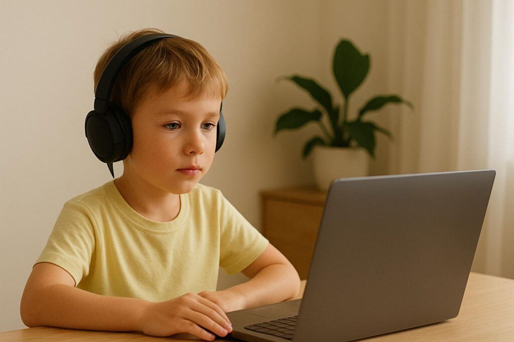 Chłopiec w wieku około 7 lat, w żółtej koszulce i dużych czarnych słuchawkach, siedzi przy biurku i uczy się angielskiego online, patrząc w ekran laptopa. W tle jasne zasłony i zielona roślina w doniczce tworzą spokojną, domową atmosferę.