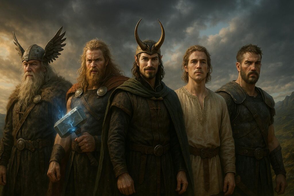 Pięciu nordyckich bogów – Odin, Thor, Loki, Baldr i Tyr – stoi w dynamicznym, górzystym krajobrazie pod dramatycznym, burzowym niebem. Odin ma długą siwą brodę i hełm z rogami, Thor trzyma świecący młot Mjölnir, Loki uśmiecha się przebiegle w rogach, Baldr wygląda młodzieńczo i spokojnie, a Tyr prezentuje się jako wojownik w zbroi.
