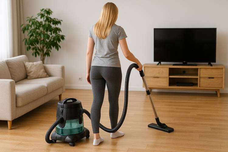 Blondynka w szarych legginsach odkurza salon odkurzaczem wodnym, widok z tyłu; w tle jasny salon z drewnianą podłogą, beżową sofą, dużym telewizorem i zieloną rośliną w donicy.