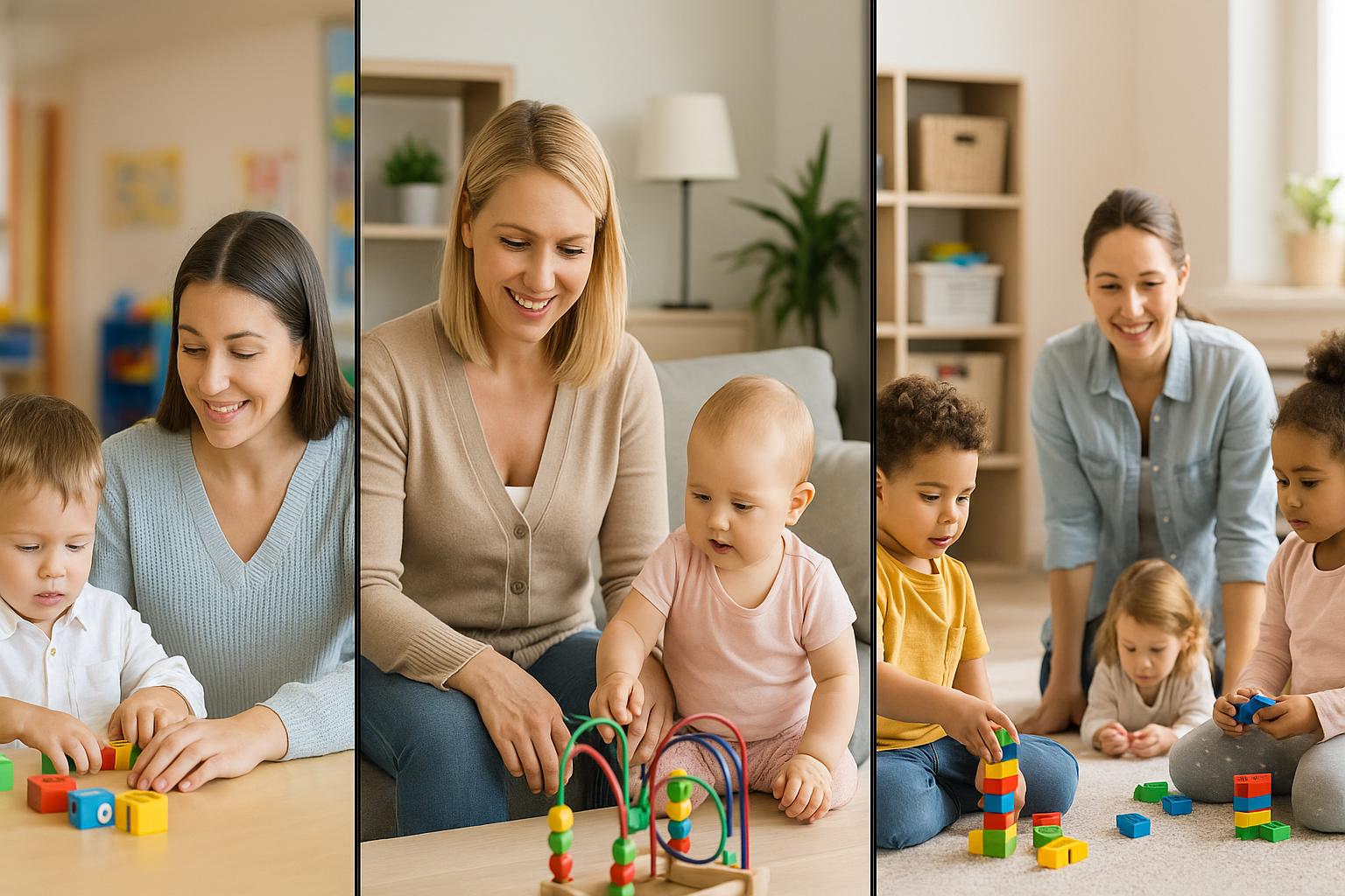 Trzy sceny ilustrujące modele opieki nad dziećmi: żłobek, niania indywidualna i opieka łączona – każda z dziećmi w różnym otoczeniu i z różnymi opiekunami.