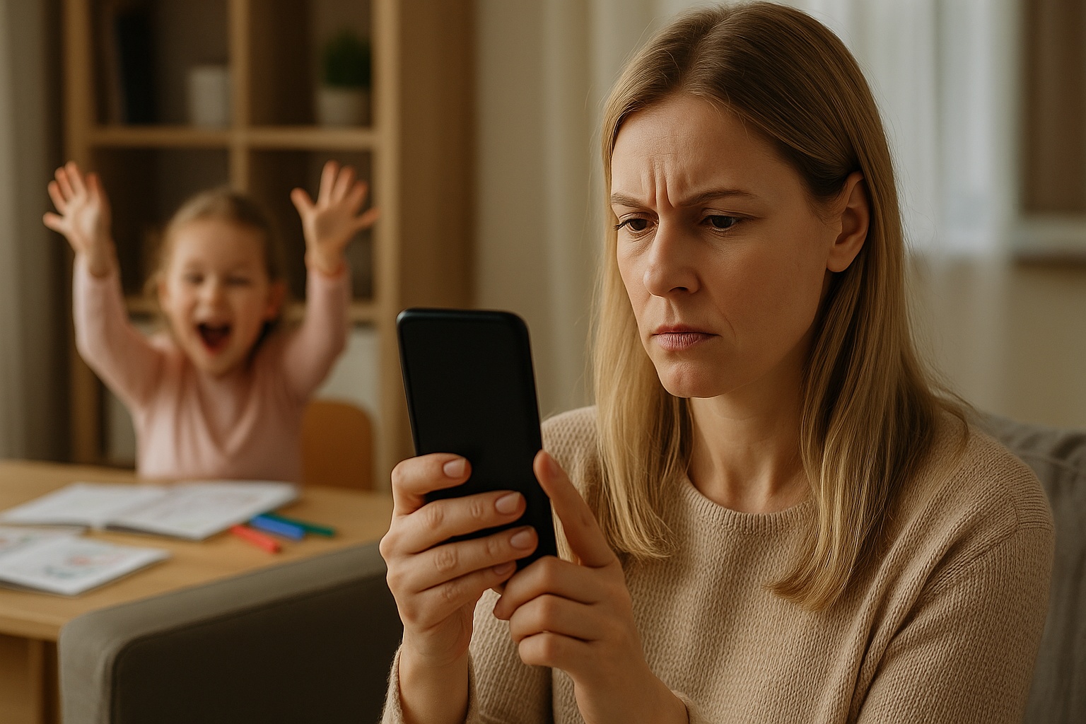Kobieta w średnim wieku patrzy poważnie w smartfon, podczas gdy jej kilkuletnia córka w tle bawi się radośnie — ilustracja zjawiska oversharentingu, czyli nadmiernego dzielenia się życiem dzieci w sieci