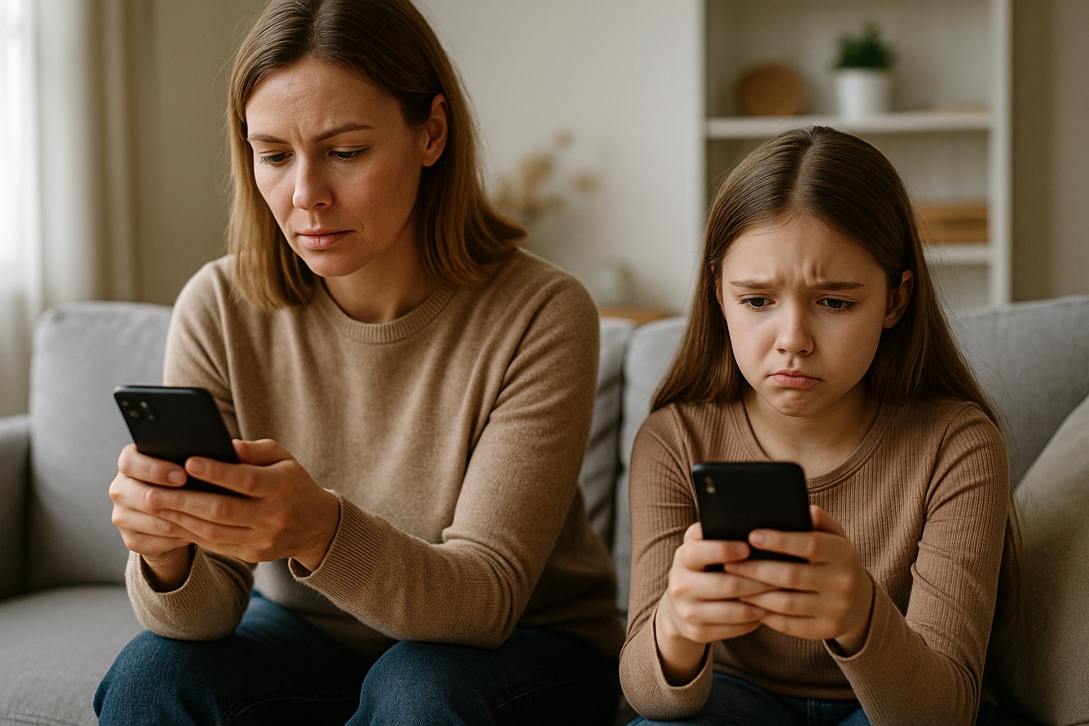 Matka przeglądająca telefon, obok niej smutna dziewczynka patrząca w ekran smartfona – scena obrazująca realne zagrożenia związane z parental trollingiem w internecie.