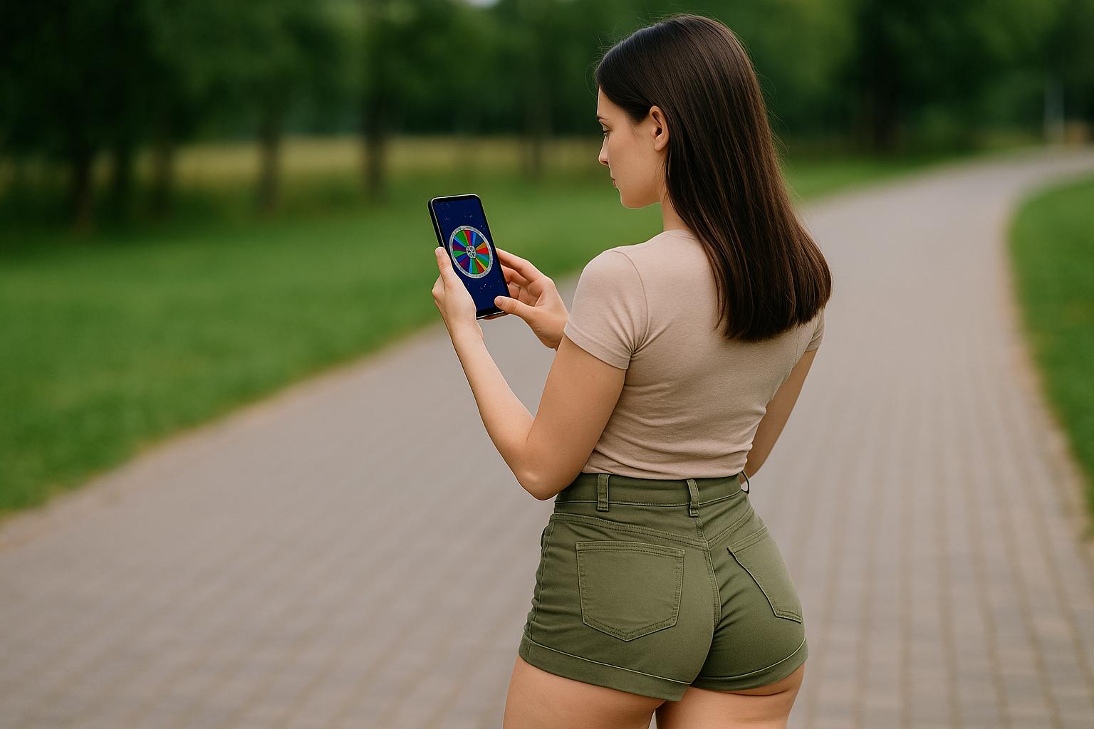 Dziewczyna widziana od tyłu, ubrana w dopasowane khaki push-up shorty i jasny top na ramiączkach, trzymająca w ręce smartfon z widoczną aplikacją hazardową. W tle kolorowa, bajkowa plansza z kołem fortuny w stylu gry Plinko. Scena rozgrywa się na świeżym powietrzu, a kompozycja utrzymana jest w realistycznym, dynamicznym stylu z szerokim kadrem.