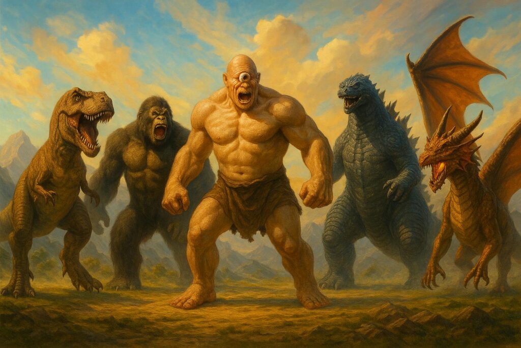 Pięć potężnych olbrzymów: od lewej Tyranozaur ryczący na tle pomarańczowo-niebieskiego nieba, za nim wściekły King Kong, pośrodku Cyklop z jednym okiem na czole, obok jego potężna sylwetka Godzilli, a po prawej ziejący ogniem smok, na dynamicznym, magicznym tle z kolorowymi chmurami i skalistym terenem.