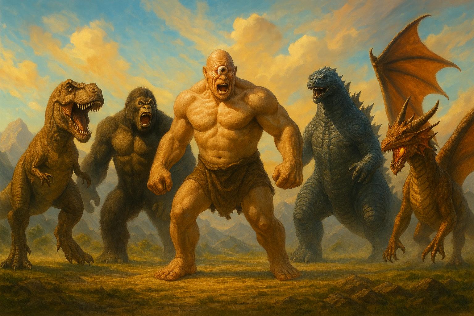 Pięć potężnych olbrzymów: od lewej Tyranozaur ryczący na tle pomarańczowo-niebieskiego nieba, za nim wściekły King Kong, pośrodku Cyklop z jednym okiem na czole, obok jego potężna sylwetka Godzilli, a po prawej ziejący ogniem smok, na dynamicznym, magicznym tle z kolorowymi chmurami i skalistym terenem.