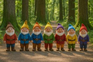 ścieżka/do/seven_dwarfs_quiz.jpg" alt="Siedmiu małych krasnoludków w kolorowych czapkach i strojach stoi w rzędzie na leśnej ścieżce o poranku
