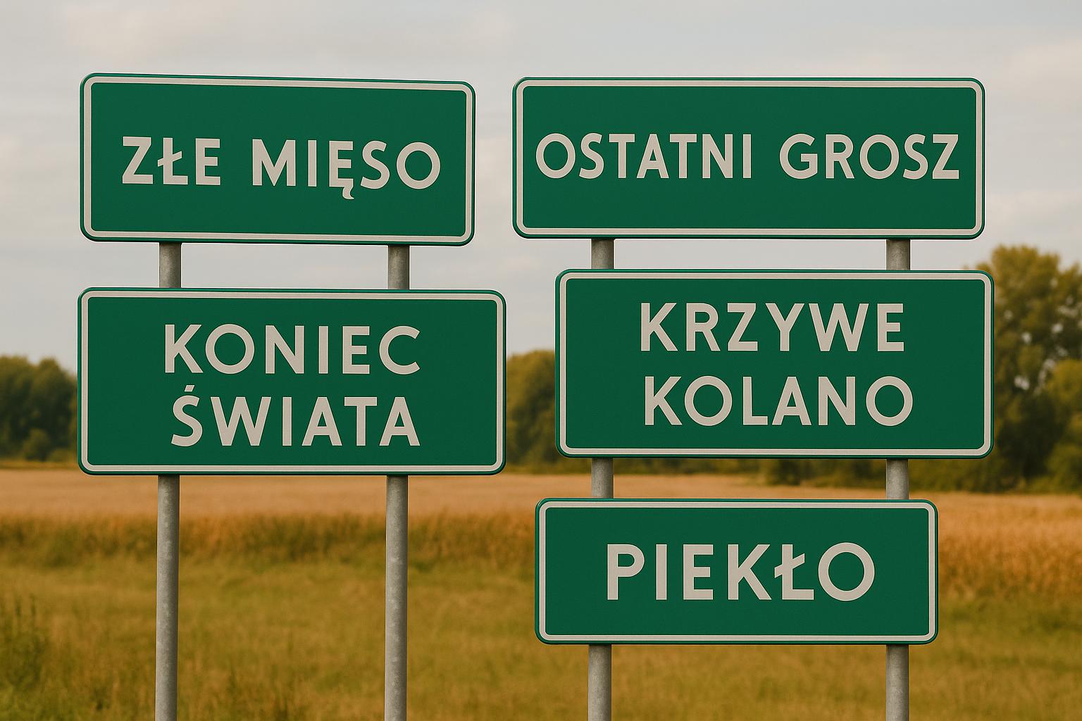Zielone tablice drogowe z nazwami pięciu zabawnych polskich miejscowości ustawione poziomo na tle wiejskiego krajobrazu. Na tablicach widnieją nazwy: „Złe Mięso”, „Ostatni Grosz”, „Koniec Świata”, „Krzywe Kolano” i „Piekło”. W tle pola, trawy i drzewa pod lekkim, pochmurnym niebem.