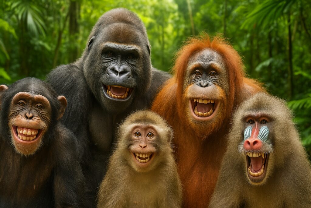 Szympans, goryl, orangutan, makak i pawian śmieją się razem na tle zielonej, dynamicznej dżungli – poziome, szerokie zdjęcie do quizu.