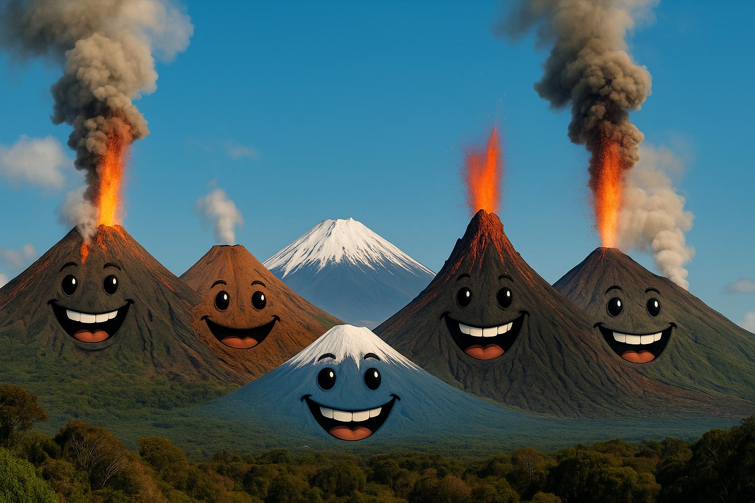 Zabawne, realistyczne zdjęcie pięciu aktywnych wulkanów – Etna, Wezuwiusz, Fudżi, Krakatau i Mauna Loa – każdy z uśmiechniętą twarzą, unoszącym się dymem i lawą, ustawione obok siebie na tle kolorowego, naturalnego krajobrazu.