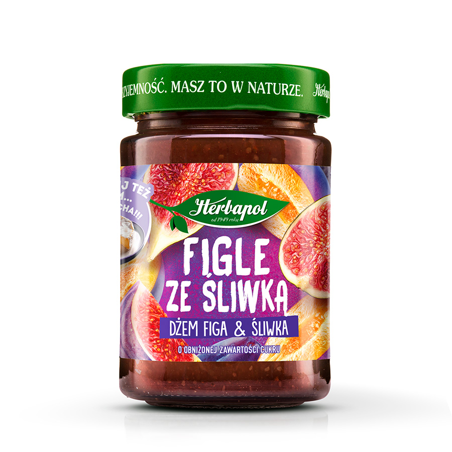 Figle ze śliwką – to niezwykłe zestawienie charakternej figi i kwaskowej śliwki. Doskonale smakuje zarówno z chałką, jak i serem camembert.