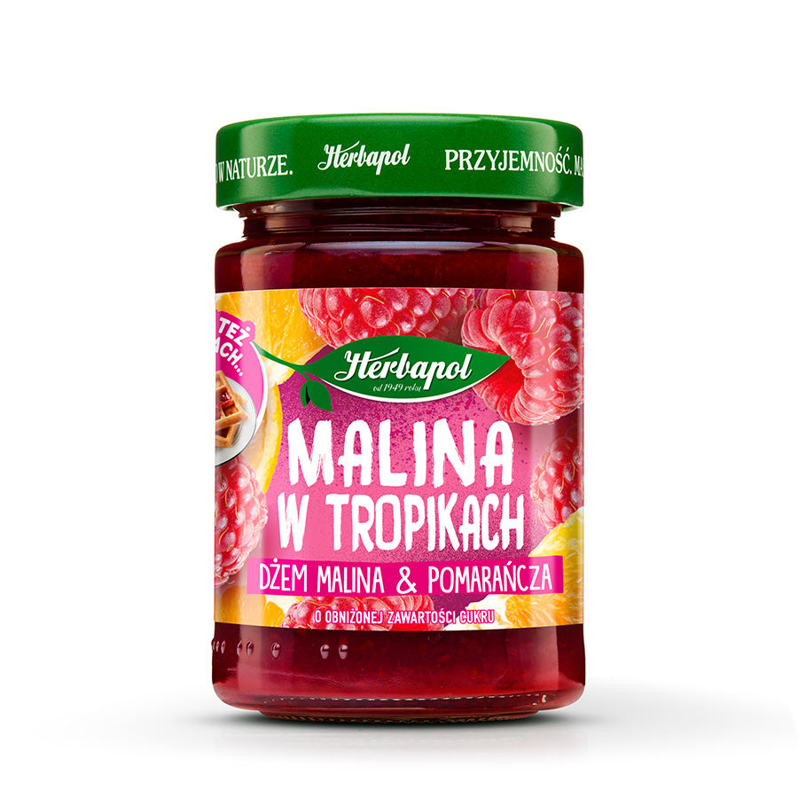 Malina w tropikach - ulubiona malina w zupełnie nowej odsłonie – w zestawieniu ze słodką, aromatyczną pomarańczą. Stanowić będzie idealne dopełnienie gofrów oraz innych domowych deserów.