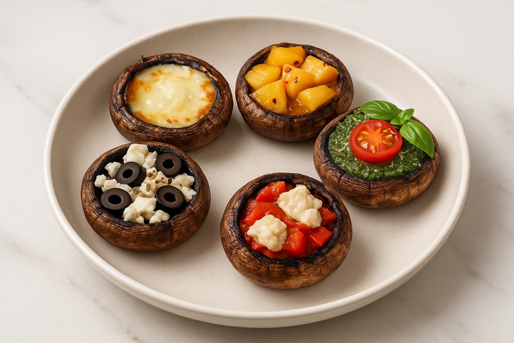Grillowane pieczarki faszerowane – pięć różnych wariantów smakowych, podane na jasnej, eleganckiej miseczce. Każda pieczarka wypełniona innym farszem: mozzarella, pesto z pomidorem, oliwki z fetą, papryka z serem kozim, brzoskwinia z miodem.