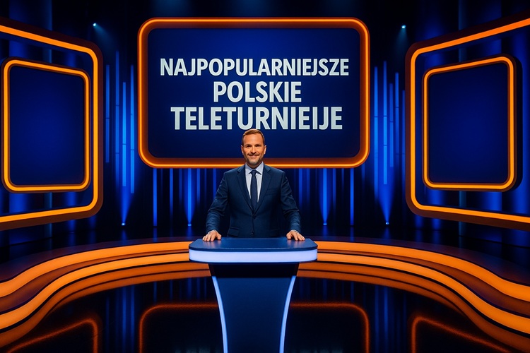 Prowadzący teleturniej w garniturze stoi za nowoczesnym, podświetlanym pulpitem na scenie w niebiesko-pomarańczowej oprawie wizualnej. W tle duży ekran z napisem „Najpopularniejsze Polskie Teleturnieje”, scenografia przypomina znane programy telewizyjne.