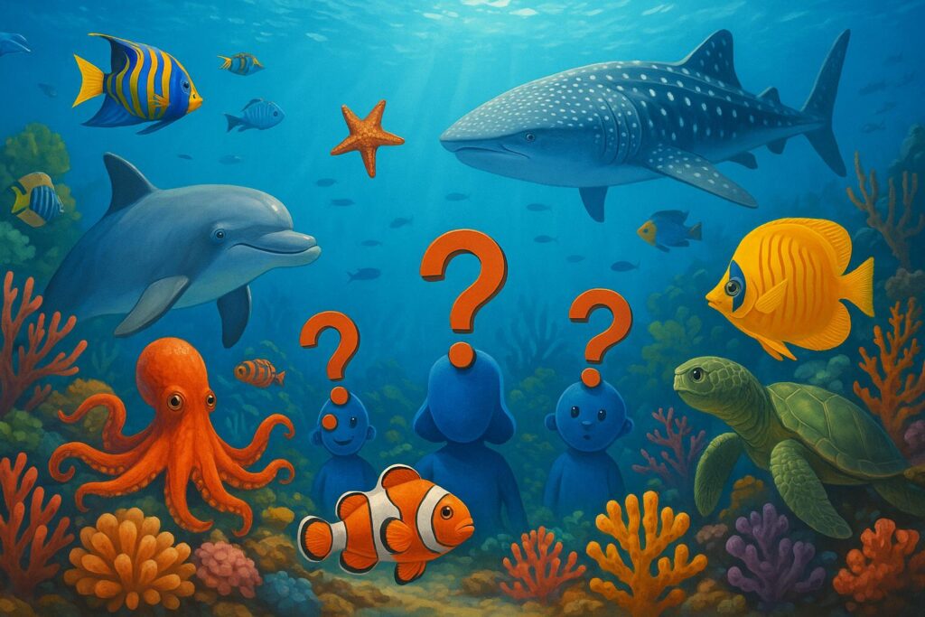 Kolorowa, bajkowa ilustracja przedstawiająca podwodny świat oceanu. Na pierwszym planie delfin, żółta ryba, żółw morski, ośmiornica i ryba clown. W tle rekin wielorybi oraz koralowce w intensywnych kolorach. Pośrodku trzy niebieskie sylwetki z pomarańczowymi znakami zapytania nad głowami, symbolizujące pytanie w quizie.