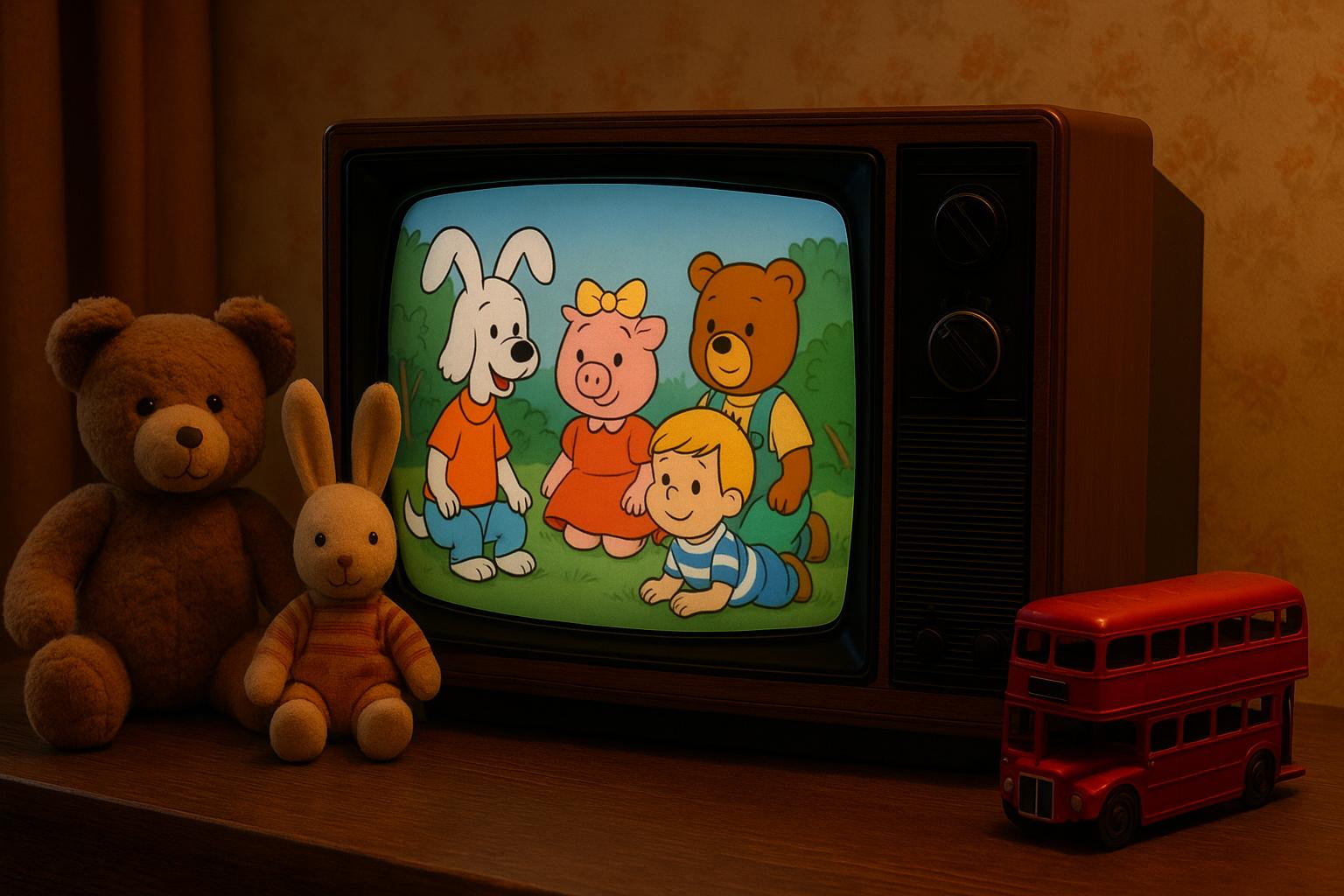 Stary telewizor kineskopowy z bajką w stylu lat 90., przedstawiającą kreskówkowe postacie: psa, świnkę, misia i chłopca. Obok telewizora siedzą pluszowe zabawki i czerwony autobus typu londyńskiego, wszystko w ciepłym, nostalgicznym wnętrzu.