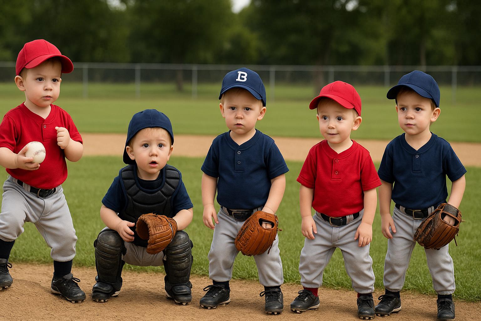 Pięciu chłopców w wieku około trzech lat stoi na boisku baseballowym w różnych pozycjach: miotacz z czerwoną czapką i koszulką trzyma piłkę, łapacz w granatowym kasku i ochraniaczach przykucnięty przy płycie, pierwszy bazowy w granatowej czapce z literą „B” i koszulce trzyma rękawicę przy bazie, drugi bazowy w czerwonej koszulce stoi obok, a krótkostopowy w granatowej czapce i koszulce gotowy do szybkiego ruchu. ALT: Pięciu chłopców w wieku około trzech lat stoi na boisku baseballowym w różnych pozycjach: miotacz z czerwoną czapką i koszulką trzyma piłkę, łapacz w granatowym kasku i ochraniaczach przykucnięty przy płycie, pierwszy bazowy w granatowej czapce z literą „B” i koszulce trzyma rękawicę przy bazie, drugi bazowy w czerwonej koszulce stoi obok, a krótkostopowy w granatowej czapce i koszulce gotowy do szybkiego ruchu.