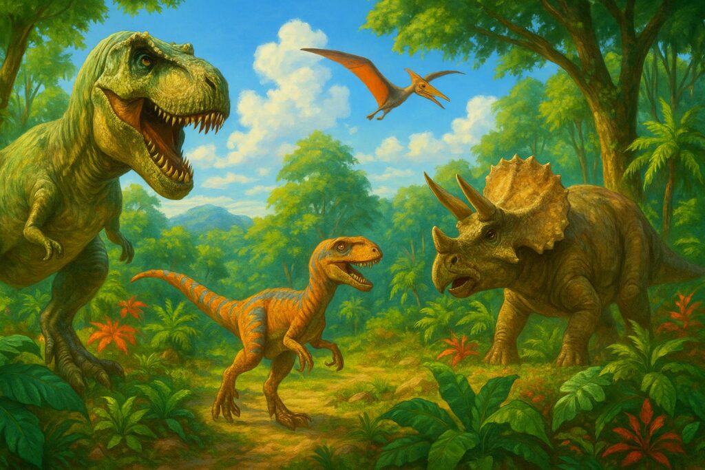 Trójdzielna scena z dinozaurami: po lewej potężny Tyrannosaurus rex, w centrum żółto-pomarańczowy velociraptor, po prawej triceratops otoczony bujną, zieloną dżunglą, a na tle słonecznego nieba szybujący pteranodon.
