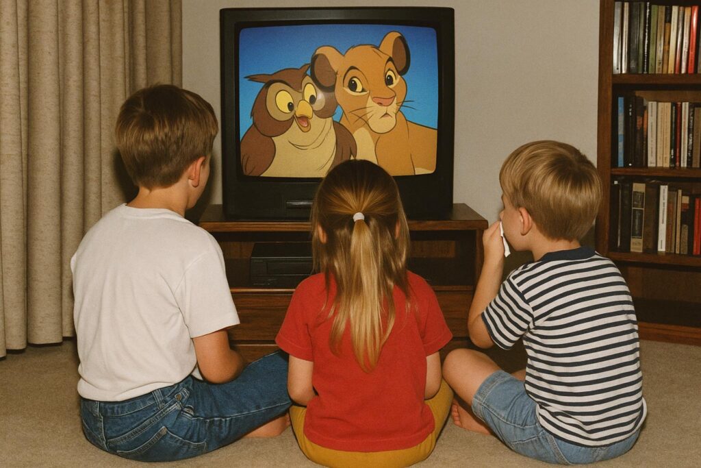 Trójka małych dzieci siedzi na dywanie w jasnym, przytulnym salonie i ogląda bajkę na starym kineskopowym telewizorze. Na ekranie widoczna kolorowa animacja z sową i lwem. Scena ma retro klimat lat 90., z miękkim światłem i wystrojem przypominającym rodzinne zdjęcia z albumu.