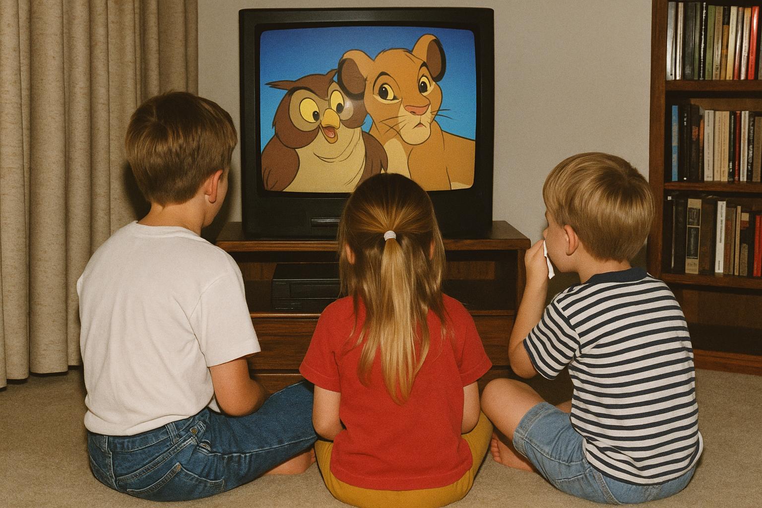 Trójka małych dzieci siedzi na dywanie w jasnym, przytulnym salonie i ogląda bajkę na starym kineskopowym telewizorze. Na ekranie widoczna kolorowa animacja z sową i lwem. Scena ma retro klimat lat 90., z miękkim światłem i wystrojem przypominającym rodzinne zdjęcia z albumu.