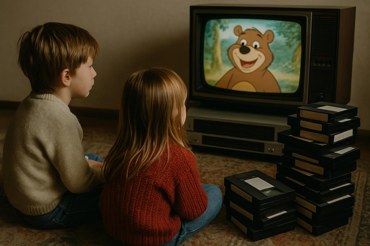 Dwoje dzieci siedzących na podłodze w stylowym wnętrzu z epoki PRL, otoczonych stertą kolorowych kaset VHS. Obok nich stoi stary magnetowid. Scena utrzymana w ciepłym, nostalgicznym klimacie lat 80., z realistycznym oświetleniem i detalami.